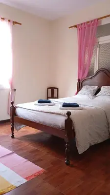 a bedroom with a large bed with pink curtains at Yellow Owl II - Bedroom III in Campanário