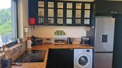 a kitchen with a refrigerator and a washing machine at Villa da Rochinha - Luxusapartment mit Atlantikblick in São Roque do Faial