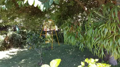 a garden with a swing set in the grass at Sea View Villa in Calheta