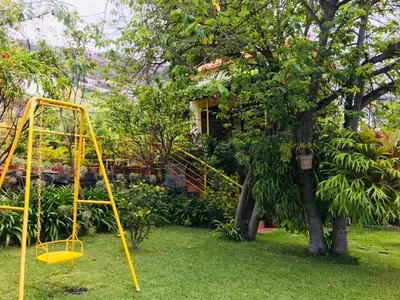 a yellow swing set in the grass in a yard at Sea View Villa in Calheta
