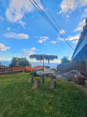 a picnic table with an umbrella in the grass at Villa Barros in Câmara de Lobos