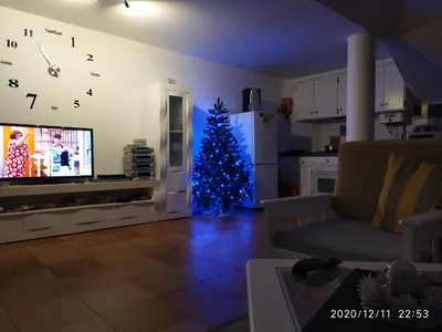 a living room with a christmas tree and a tv at Penthouse Marina Sol in Madalena do Mar