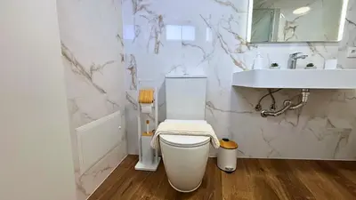 a bathroom with a white toilet and a sink at Sophia House By Sam Houses in Canhas