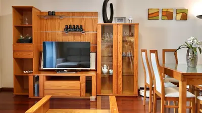 a living room with a television on a wooden entertainment center at Vista Pena in Funchal