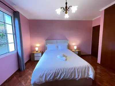 a bedroom with a white bed with purple walls at Forest View Countryside in Serra de Água
