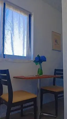 a table with a vase of blue flowers on it at Farol views in Fajã da Ovelha