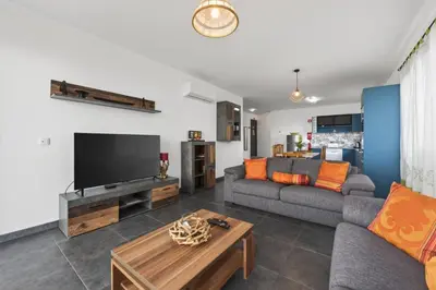 a living room with a couch and a tv at Sea view flat in Casa Teixeira Calheta Madeira in Estreito da Calheta