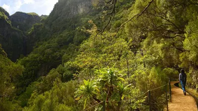 a man walking on a trail in the mountains at Sea view flat in Casa Teixeira Calheta Madeira in Estreito da Calheta