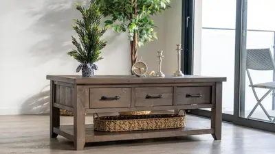 a wooden console table with a christmas tree on top at Garachico Vista by LovelyStay in Estreito de Câmara de Lobos