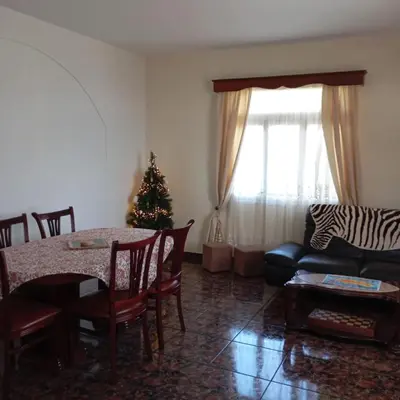 a living room with a christmas tree and a table at Yellow Owl II Bedroom I in Campanário