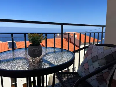 a patio table with a potted plant on a balcony at A&CSuite in Caniço