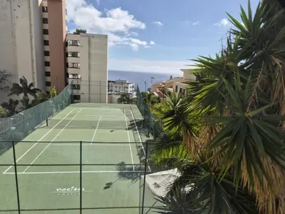 a tennis court with palm trees and buildings at Hotel Bunganvilia in Funchal