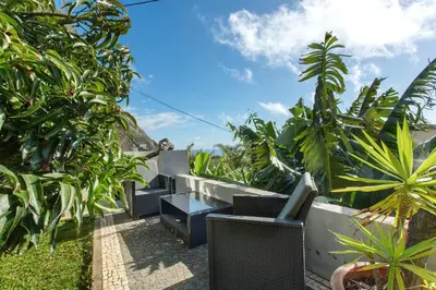 a row of benches in a garden with plants at Romantic Retreat by Slice of Heaven in Jardim do Mar