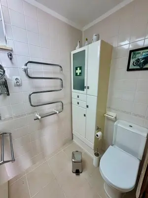 a bathroom with a toilet and a green cross on the wall at Apartamento Precioso in Arco da Calheta