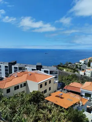 a kitchen with wooden cabinets and a microwave at Carefully Stocked Comfort Stay in Câmara de Lobos