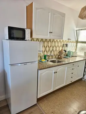 a kitchen with a white refrigerator and a microwave at Casa Salema Praia Clube in Salema