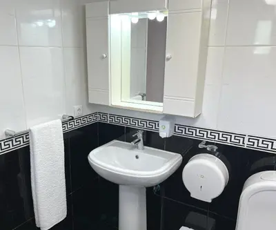 a bathroom with a sink and a mirror and a toilet at Casa Levada Explorer - Cozy Nights & Easy Meals in Santana