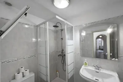 a bathroom with a shower and a sink and a toilet at Violeta House in Funchal