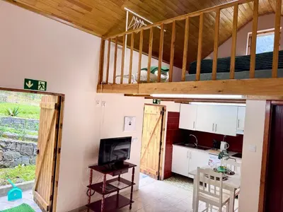 a kitchen and living room with a loft at Casa do Til in Porto Moniz