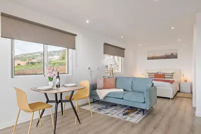 a living room with a couch and a table and a bed at Casa Avô ladeira 2 in Estreito da Calheta