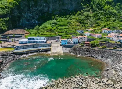 an aerial view of a small town next to a river at Casa Dos Avós - Sea View Studio in São Vicente