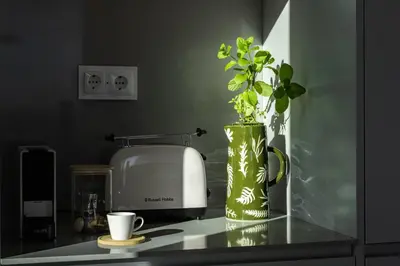 a kitchen counter with a toaster and a vase with a plant at Calheta Hills IV Apartment with Sea View in Calheta