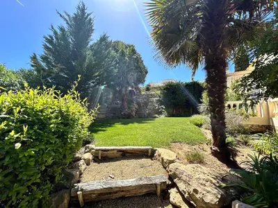 a garden with a palm tree and a stone wall at Luxury 4 Bedroom Algarve Villa with Private Pool in Budens