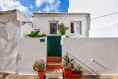 a white house with a green door and potted plants at Pátio da Luz 1Bdr House by LovelyStay in Luz
