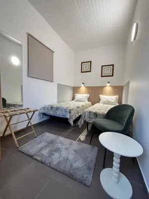a bedroom with two beds and a large mirror at Granny House Madeira in Funchal