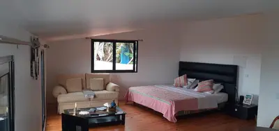 a bedroom with a bed and a couch and a window at Fazenda do Sousinha in Funchal