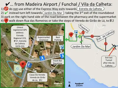 a map of the airport with directions to different attractions at Casas Da Vereda in Estreito da Calheta