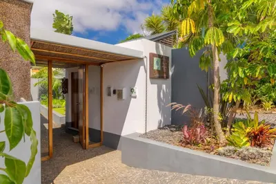a house with a courtyard with palm trees at Casas Da Vereda in Estreito da Calheta