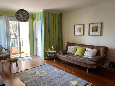 a living room with a brown couch in a room at Casa do Cavacas in Funchal
