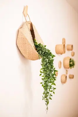 a bag hanging on a wall with green leaves at Casa Azul Sagres - Rooms & Apartments in Sagres