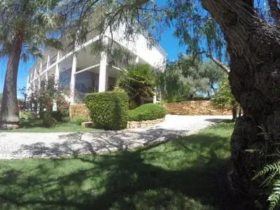 a white house with a palm tree in front of it at Luzmar Villas in Luz