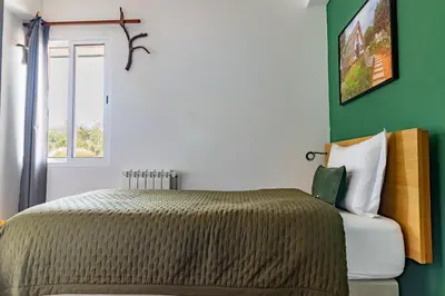 a bedroom with a bed with a green wall at Casa Os Manos in Santana