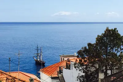 a boat sitting in the water next to buildings at Barreirinha Funcho House in Funchal