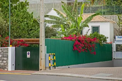 a green fence in front of a house with pink flowers at Casa do Lugar de Baixo in Ponta do Sol