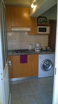 a kitchen with a washing machine and a microwave at Apartamento Teixeira 2 in Arco da Calheta