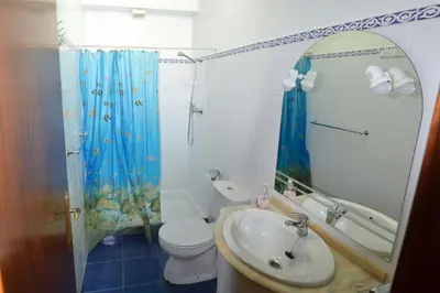 a bathroom with a sink and a toilet and a shower at Hostel Casal São João in Ribeira Brava