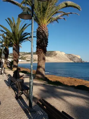 a man sitting on a bench next to the beach at Sunhouse in Luz
