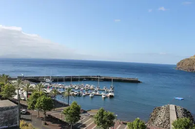 a group of boats docked at a dock in the water at Cozy and Bright Apartment in Machico