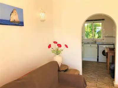 a living room with a couch and a vase with flowers at Casas da Vila in Luz