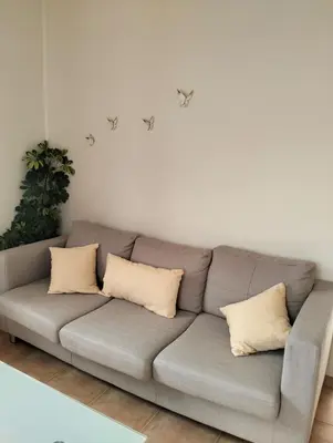 a gray couch with pillows in a living room at Maison Zita in Venda do Atalhinho