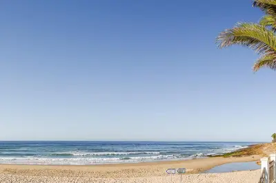 a beach with two palm trees and the ocean at Casa Sol e Praia in Luz