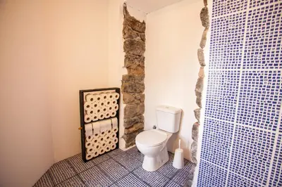 a bathroom with a toilet and a stone wall at The Pallet - Guest House in Santa Cruz