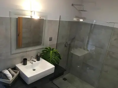 a bathroom with a sink and a shower at Moradia Syso in Arco da Calheta