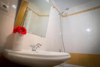 a bathroom with a sink with a red flower on it at Helen´s House Apartment in Câmara de Lobos
