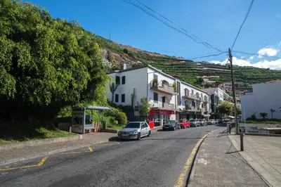 a street in a town with cars parked on the road at Helen´s House Apartment in Câmara de Lobos
