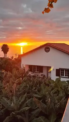 a house with a field of plants in front of a sunset at Casa Ventura in Arco da Calheta